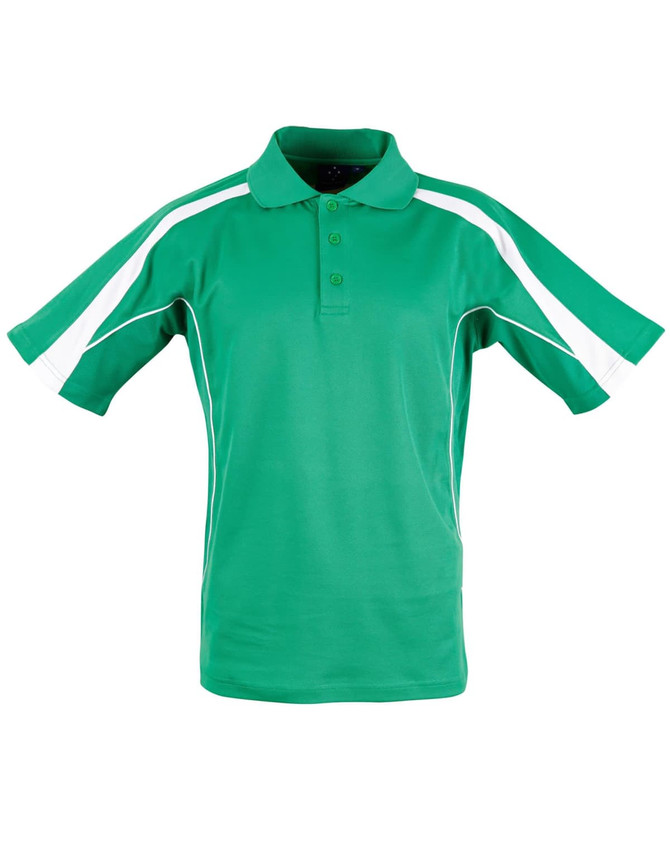 A green polo shirt featuring white accents on the sleeves and a collar. It has a logo on the chest.