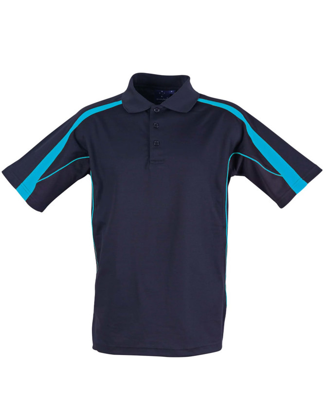 A navy blue polo shirt featuring turquoise accents and a logo on the chest area. Short sleeves and a classic collar.