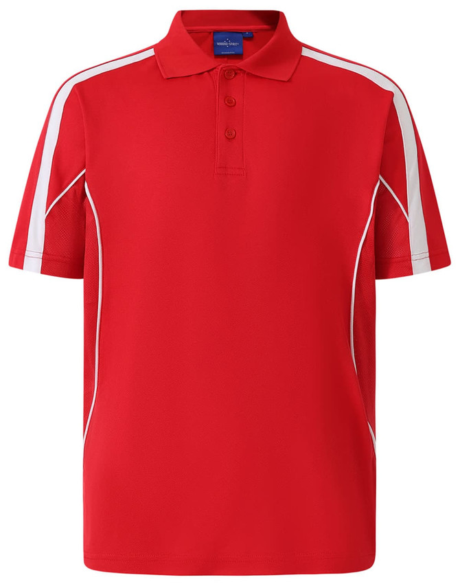 A red polo shirt with short sleeves, featuring white side stripes and a logo on the chest.