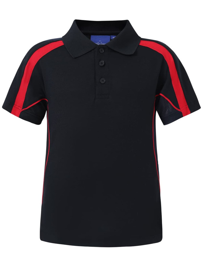 A kids' short-sleeve polo shirt in navy blue with red accents and a branded logo.