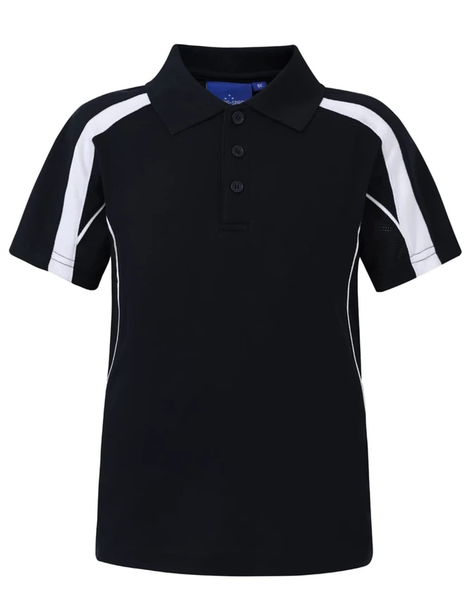 A black kids' polo shirt with white accents and a collar, featuring a logo on the front.