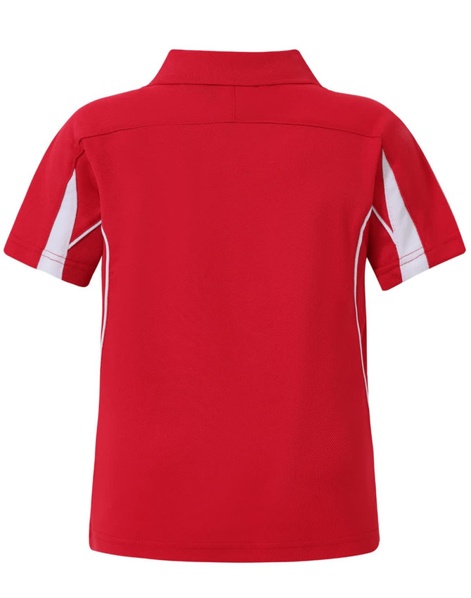 A red polo shirt with white side accents and a collar, featuring a logo on the back.