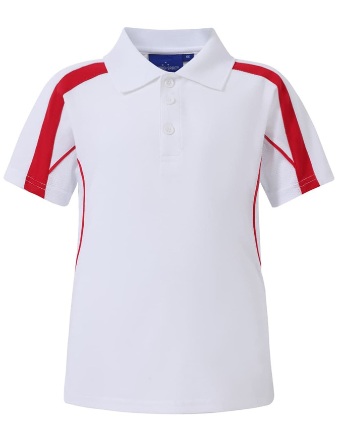 A white polo shirt featuring red side panels and a collar, with a logo on the chest.