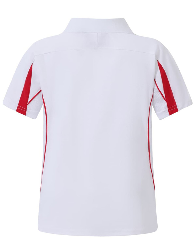 A kids' short-sleeved polo shirt in white with red side accents and a collar, featuring a logo.