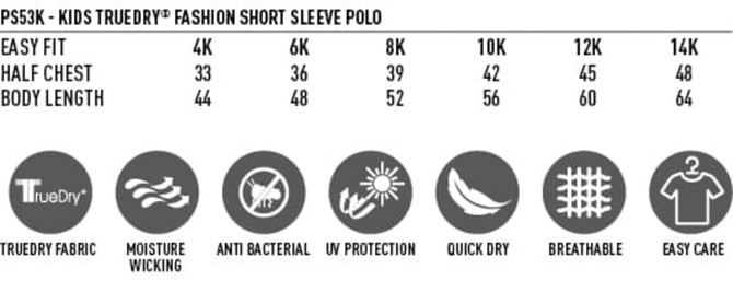 A chart detailing measurements for Kids Legend TrueDry Fashion Short Sleeve Polo, featuring sizes 4K to 14K.