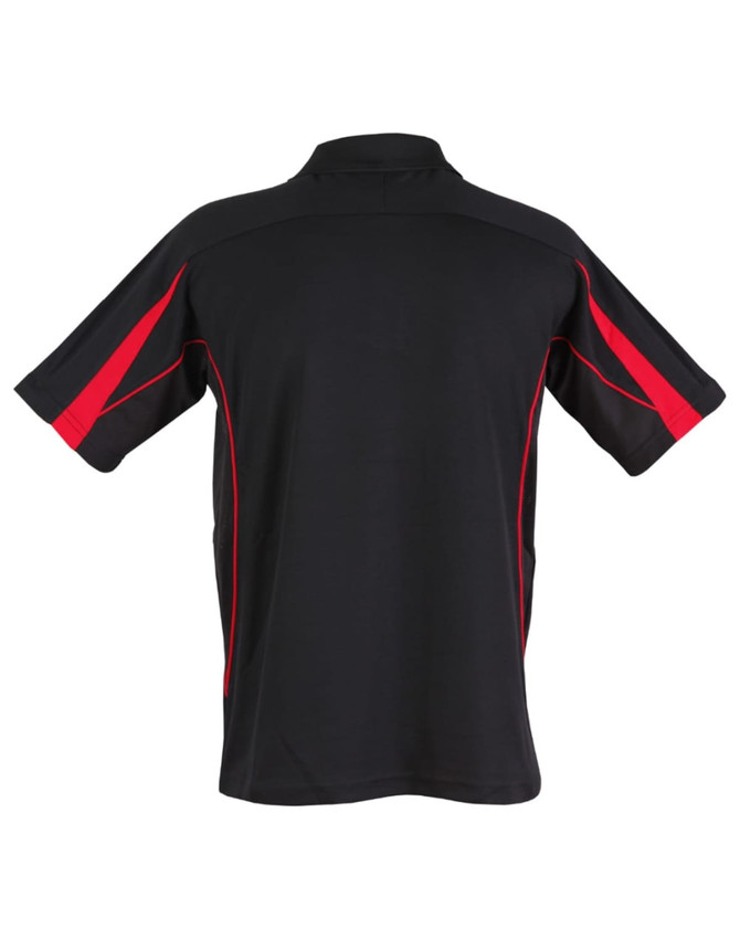 A black polo shirt with red accents and a logo. Features short sleeves and a classic collar design.