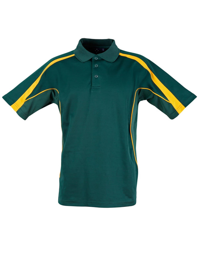 A green polo shirt with yellow accents, featuring a collar and short sleeves, with a logo on it.