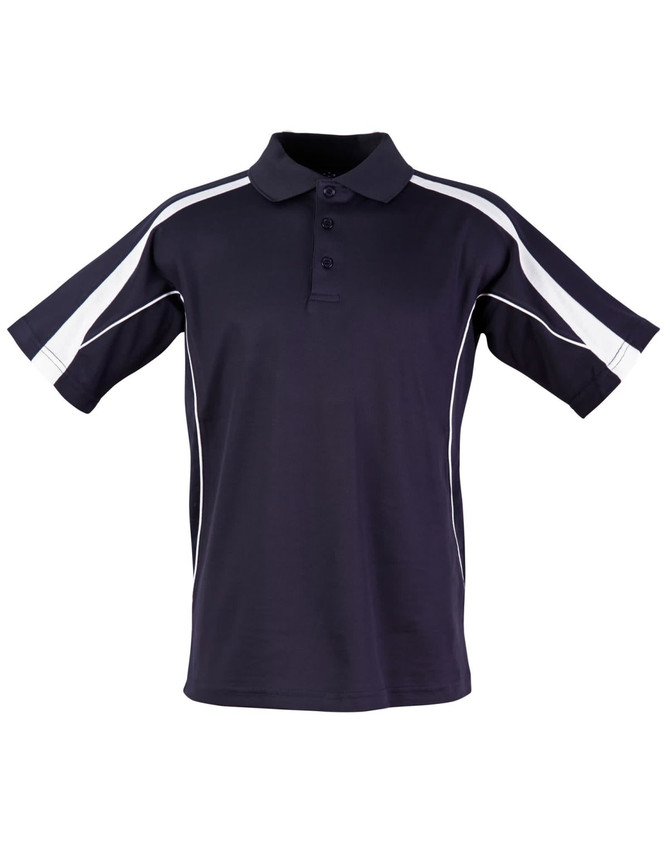 A navy polo shirt with white stripes along the sleeves and a three-button placket. It has a logo on the chest.