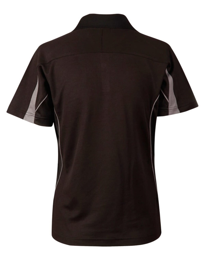 A short sleeve polo shirt in black with grey accents, featuring a collar and a logo on the front.