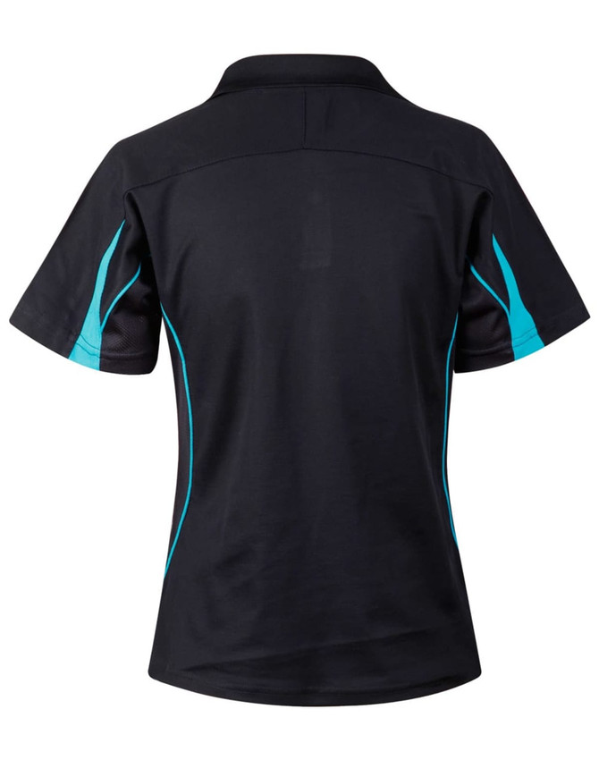 A black polo shirt with short sleeves featuring turquoise accents and a logo on the back.