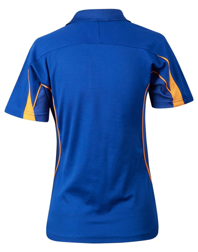 A blue short sleeve polo shirt with orange accents and a logo on the upper chest area.