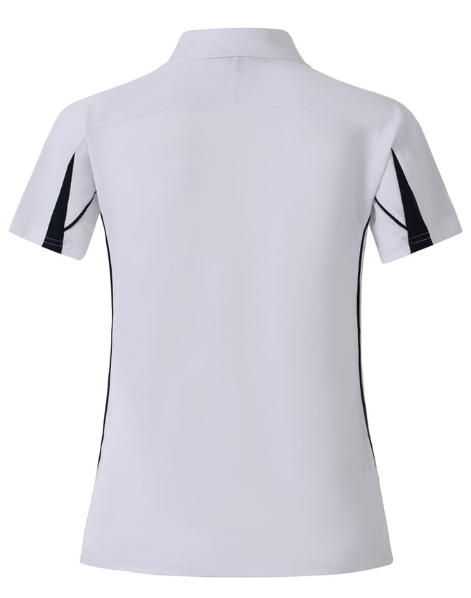 A white polo shirt with black detailing, featuring a collar and short sleeves, and has a logo on it.