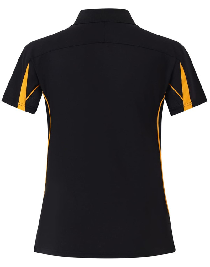 A black polo shirt with orange accents, featuring a collar and short sleeves. The back displays a logo.