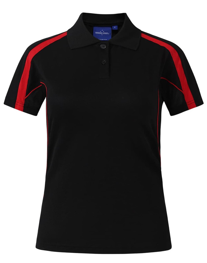 A short sleeve polo shirt in dark brown with red accents and a logo on the chest.