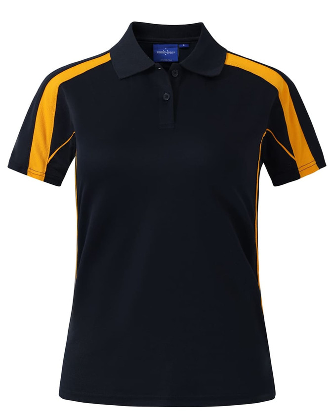 A black short sleeve polo shirt with orange side panels and a logo on the collar.