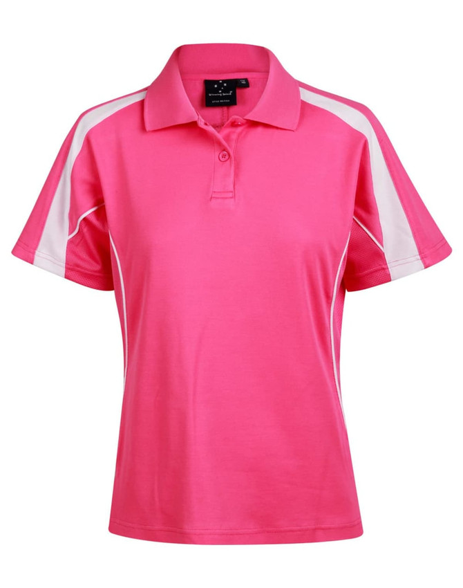 A pink polo shirt with white accents and a logo, featuring a short sleeve design.