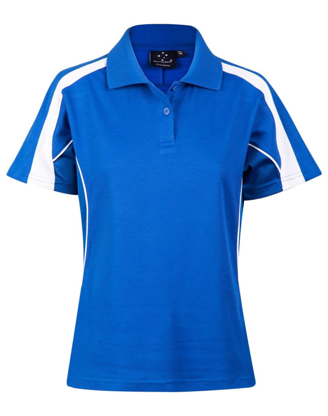 A blue polo shirt with white accents and a logo, featuring a classic collar and short sleeves.