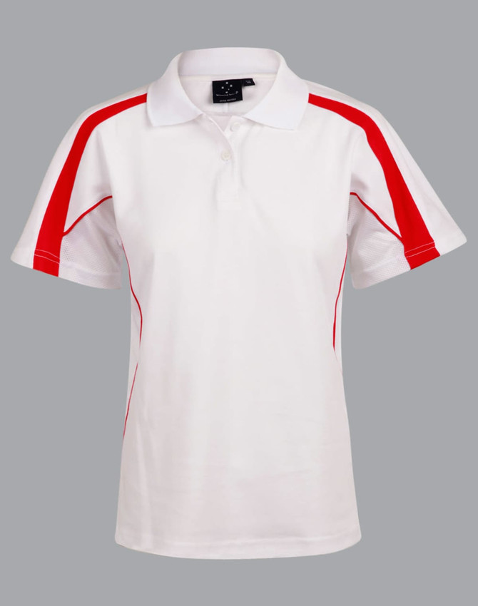 A white polo shirt with red accents and a logo, featuring short sleeves and a classic collar.