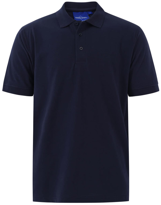 A navy blue men's cotton stretch polo shirt featuring a classic collar and three-button placket. It has a logo on the chest.