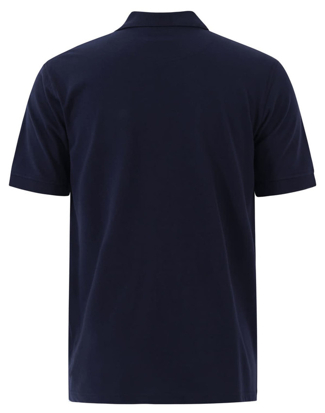A navy blue men's cotton stretch polo shirt featuring a classic design and a logo on the back.