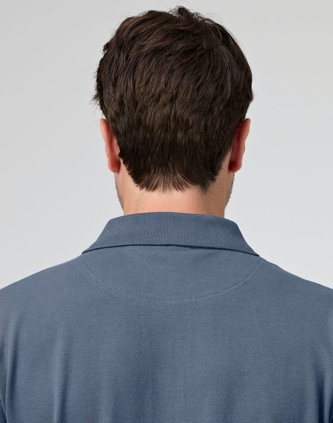 A men's cotton stretch polo shirt in a blue shade, featuring a collar and logo on the back.