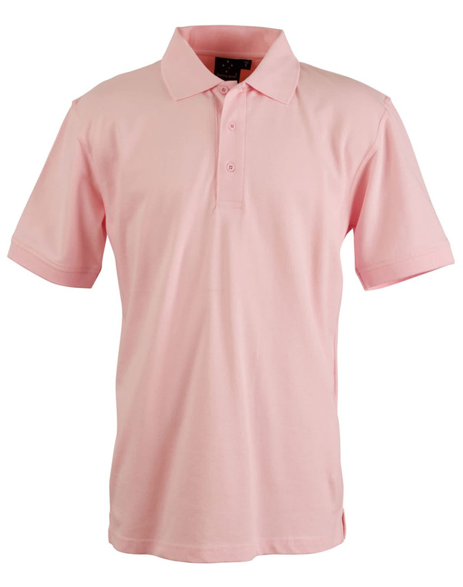 A light pink polo shirt with a collar and three buttons, featuring a logo on the chest.