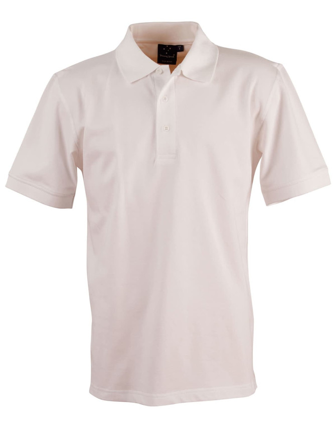 A light cream polo shirt with a collar and three buttons. It features a logo on the collar.