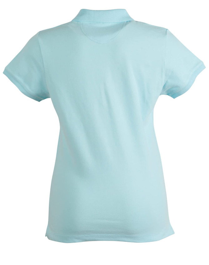 A light blue polo shirt with a classic collar and short sleeves, featuring a logo on the front.
