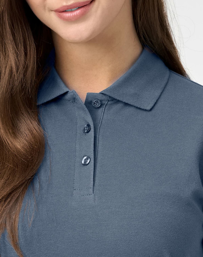 A ladies cotton stretch polo in a dark blue colour, featuring a collared neckline and button detail.