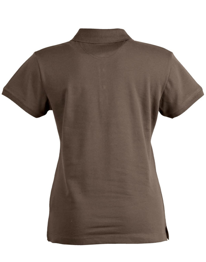 A brown ladies' polo shirt featuring a classic collar and short sleeves, with a logo on the side.