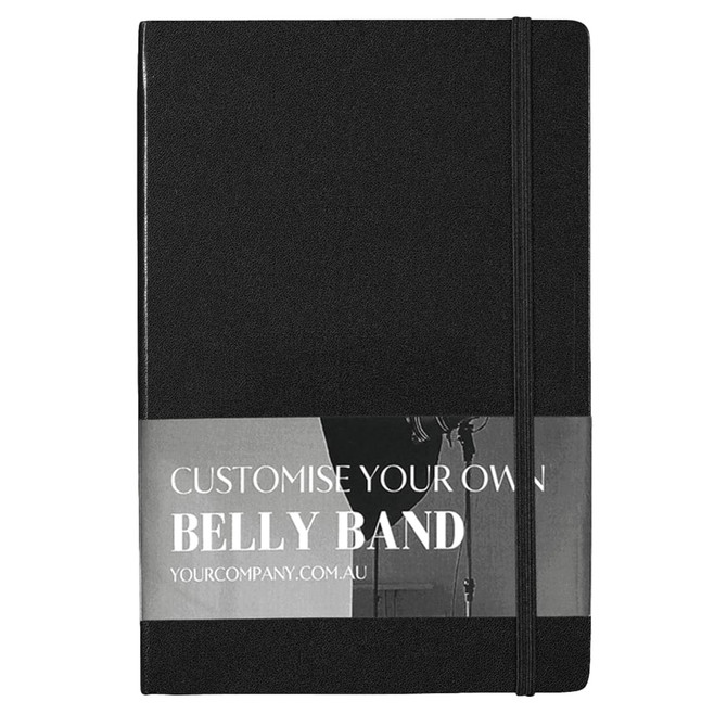 A black notebook with a belly band and an elastic closure, featuring a logo. Suitable for office and business use.