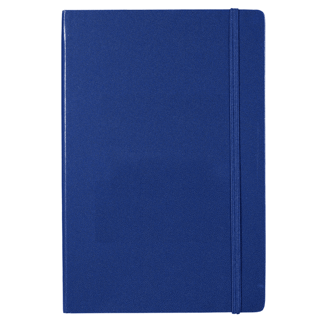 A blue journal with a textured cover and an elastic band closure. It features a logo on the front.