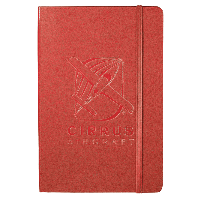 A red journal with a logo on the cover and an elastic band closure. Suitable for office and business use.