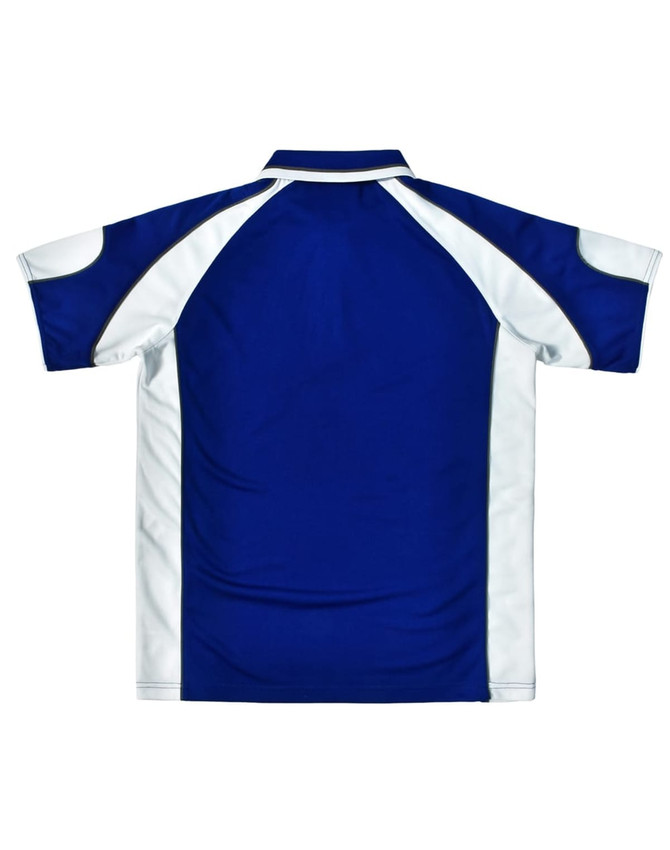 A blue and white men's polo shirt with short sleeves and a logo on the back.