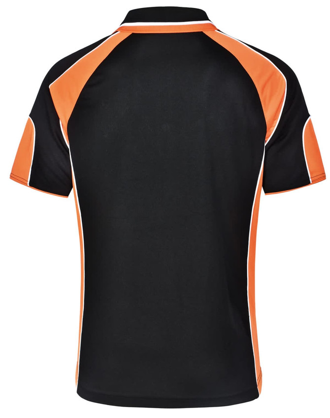 A black polo shirt with orange accents and a logo on the back. Features short sleeves and a collar.
