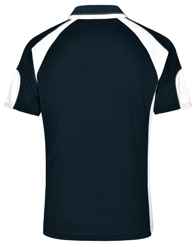 A men's polo shirt in navy with white detailing and a logo on the back.