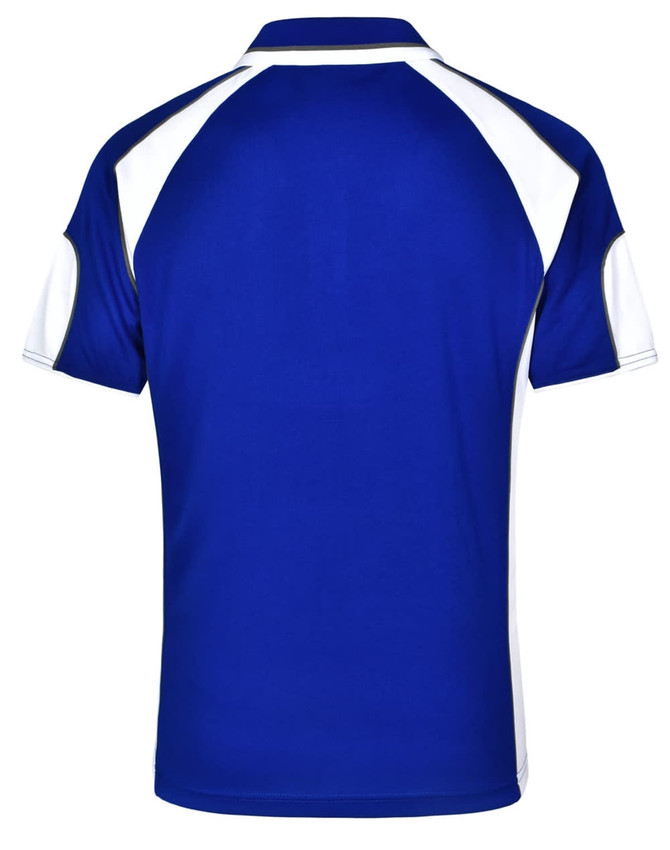 A blue polo shirt with white detailing and a logo on the back.