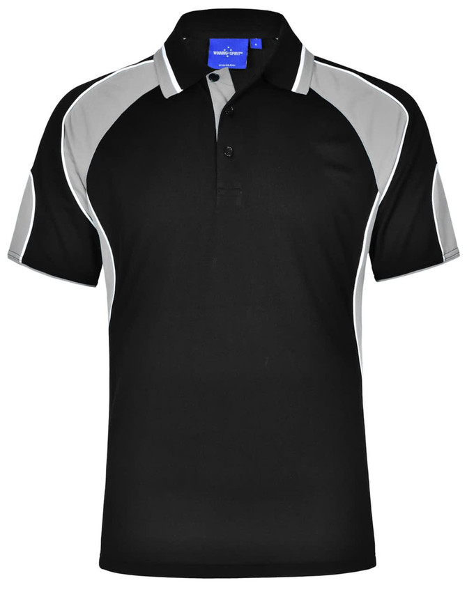 A black polo shirt with grey accents and a collar. It features a logo on the chest area.