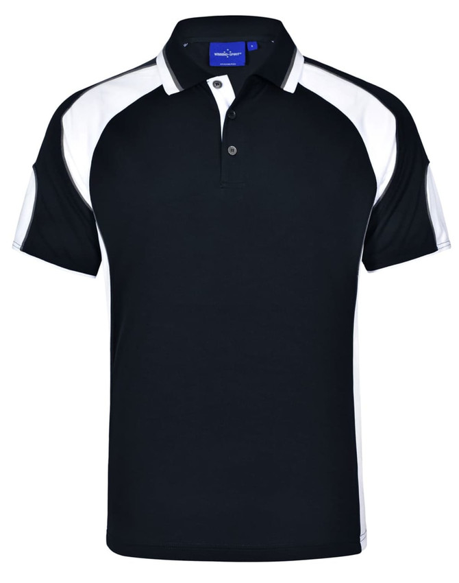 A black polo shirt with white accents and a branded logo on the chest area.