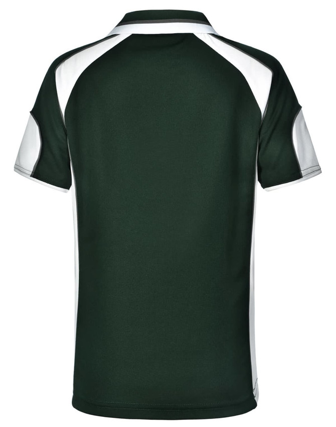 A green polo shirt with white accents and a logo on the back. Ideal for kids’ casual wear.
