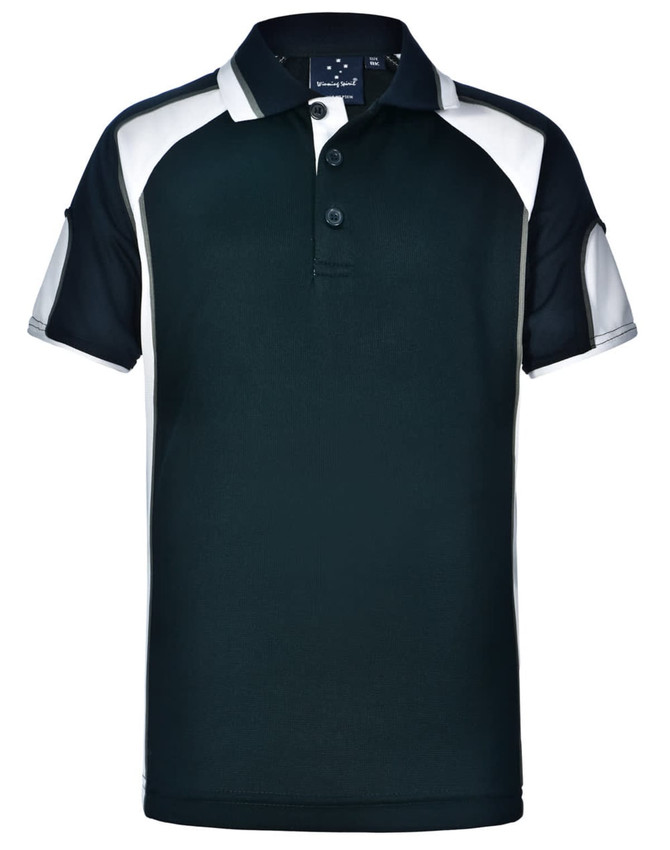 A black and white kid's polo shirt featuring a collar and a logo on the chest area.