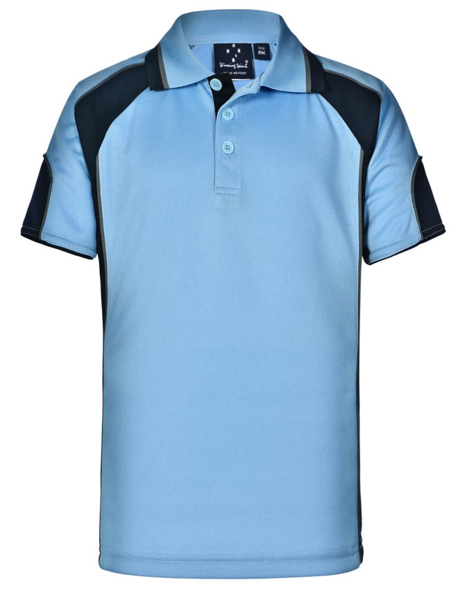 A light blue polo shirt with dark blue accents and a logo on the chest. Features a classic three-button placket.