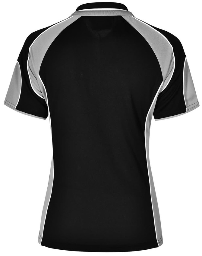 A polo shirt in black with grey accents and a logo. Features a classic collar and short sleeves.