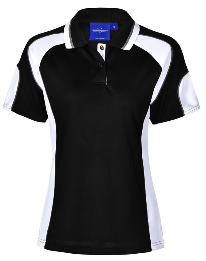 A black and white polo shirt featuring a collar and short sleeves, with a logo on the front.