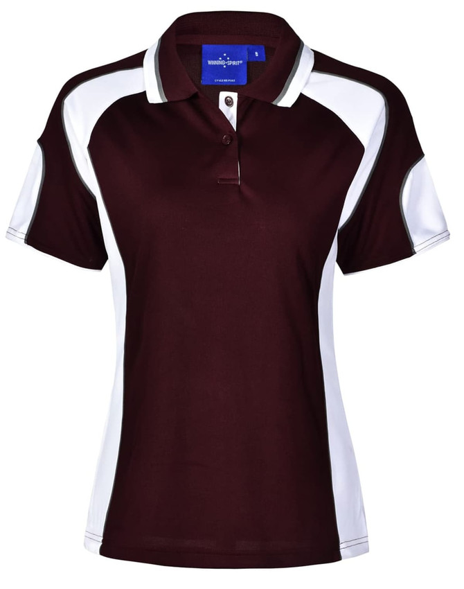 A burgundy polo shirt with white side panel accents and a collar. It features a logo on the chest area.