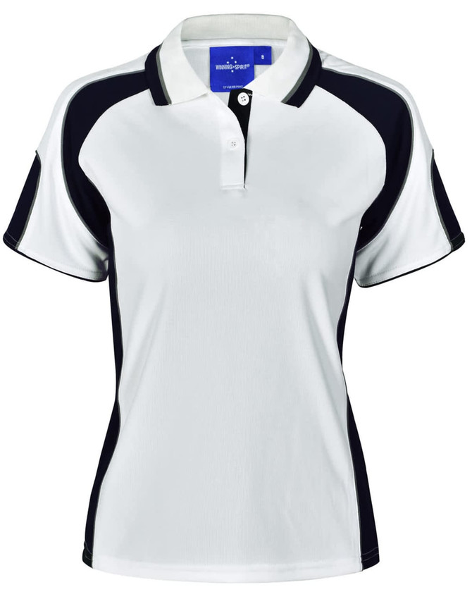 A ladies' polo shirt featuring a white body with black accents and a collar. Includes a logo on the chest.