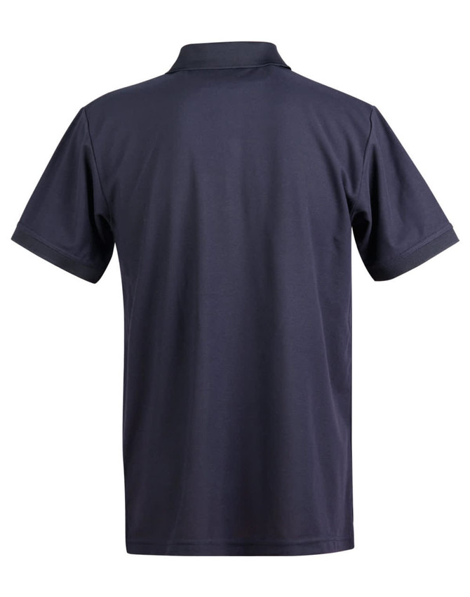 A navy blue men's polo shirt with short sleeves and a collar, featuring a logo on the back.