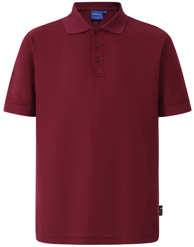 A red men's polo shirt with a collar, short sleeves, and a logo on the chest.