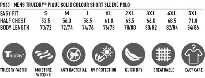 A detailed size chart for a men's polo shirt, featuring measurements for different sizes and fabric benefits.