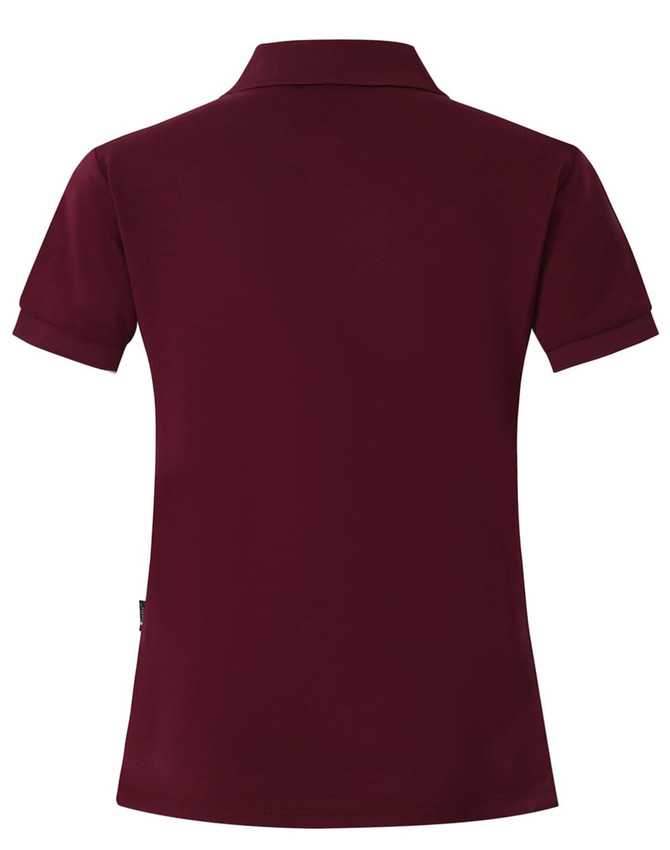 A maroon polo shirt for ladies featuring a classic collar and short sleeves. It has a branding logo on the side.